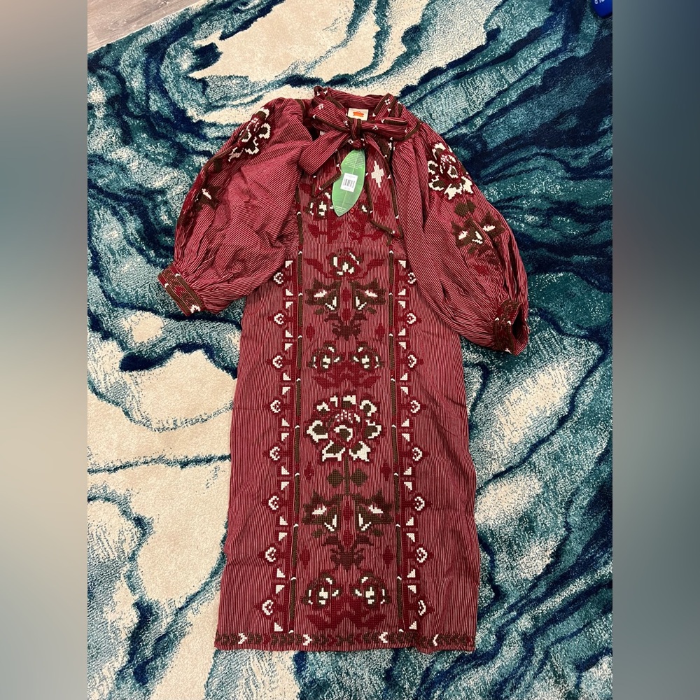 NEW FARM Rio Burgundy Long Sleeve Toucans Embroidered Tie-Waist Midi-Dress